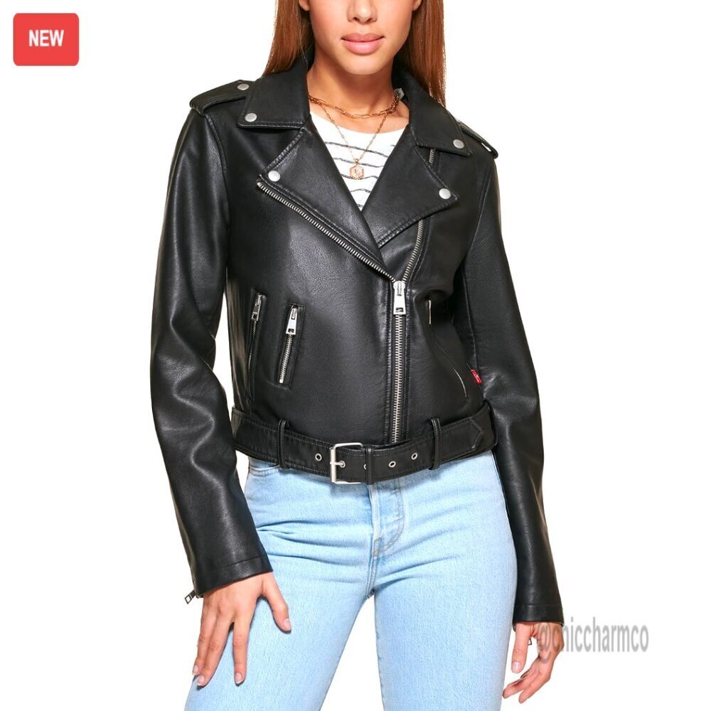 Faux Leather Moto Jacket with Belt, Asymmetrical Zipper, Regular & Plus Sizes